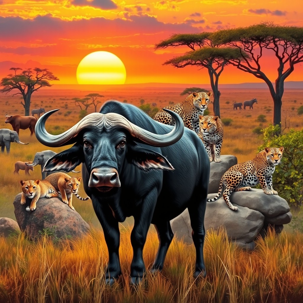 A striking scene depicting a magnificent buffalo in the foreground with a pair of stealthy leopards perched on nearby rocks in a lush, vibrant African landscape