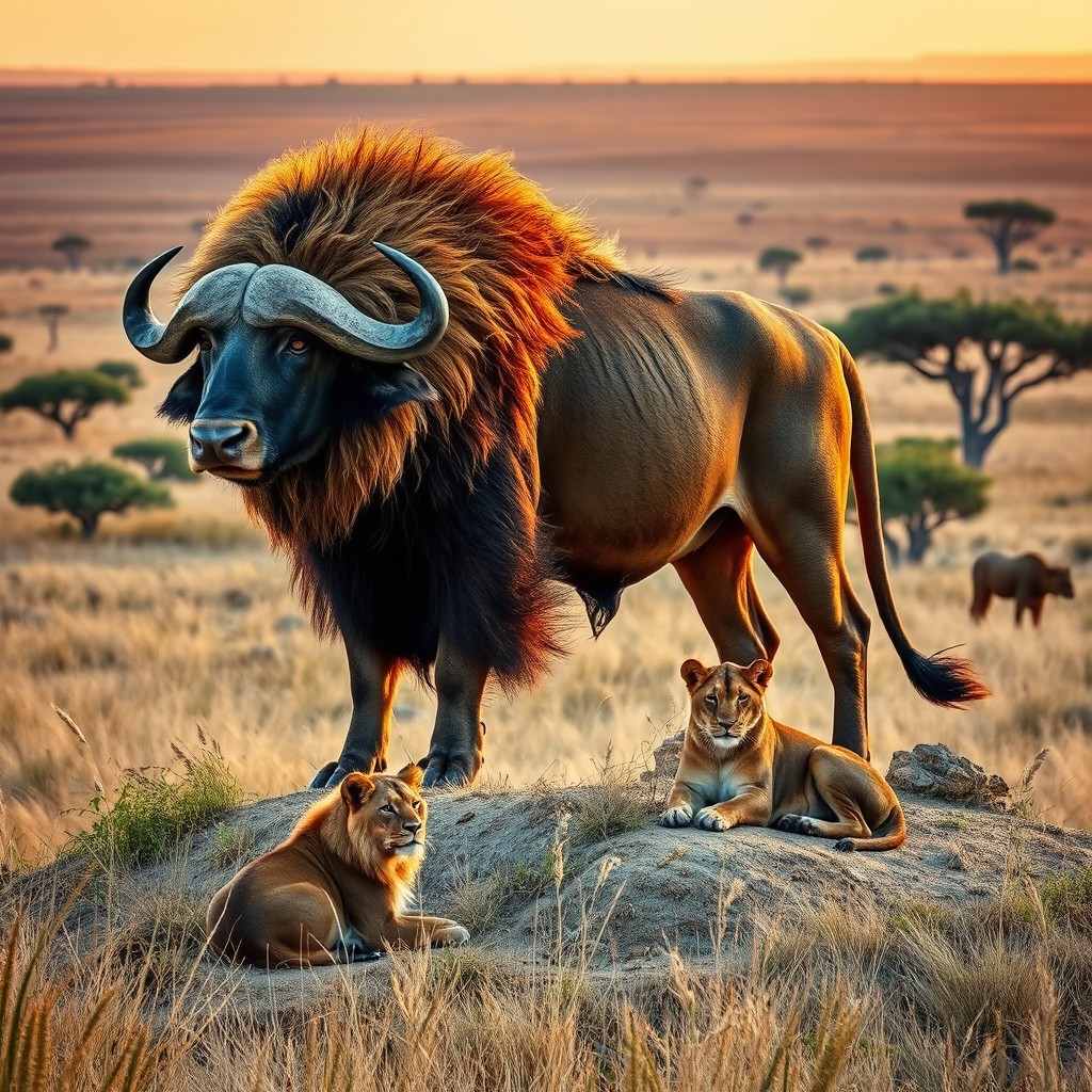 A captivating scene featuring a remarkable hybrid creature that embodies the strength of a buffalo and the majestic attributes of a lion