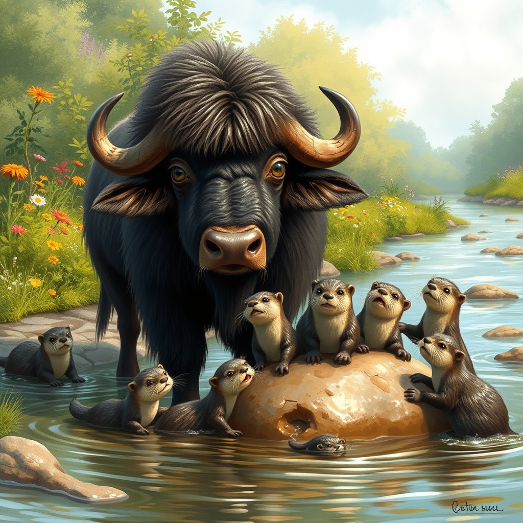 A whimsical and charming scene depicting a playful interaction between a large buffalo and a group of curious otters in a serene riverside setting