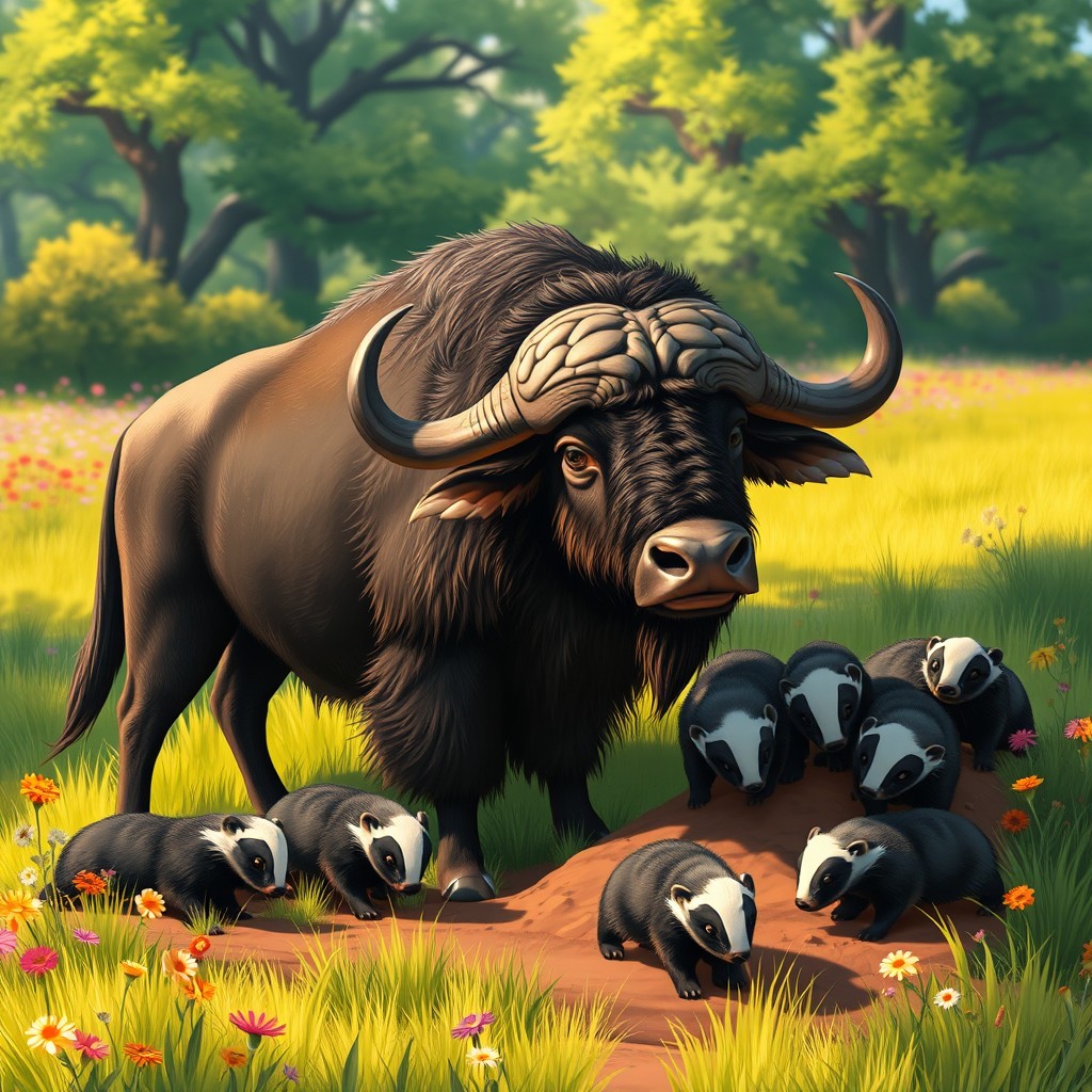 An enchanting scene showcasing a large buffalo in a lush meadow, surrounded by a group of adorable badgers