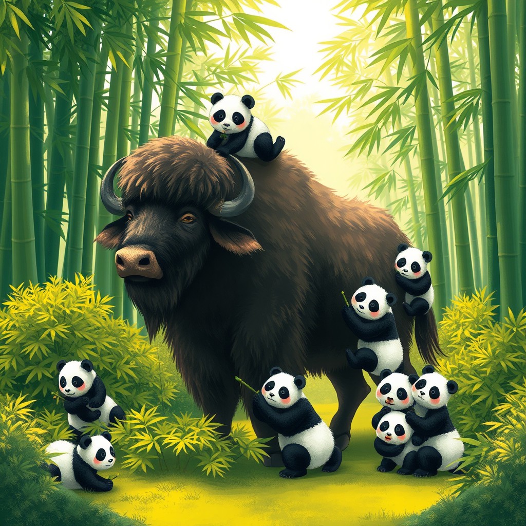 A delightful and whimsical scene featuring a large, fluffy buffalo and a group of adorable pandas in an enchanted bamboo forest