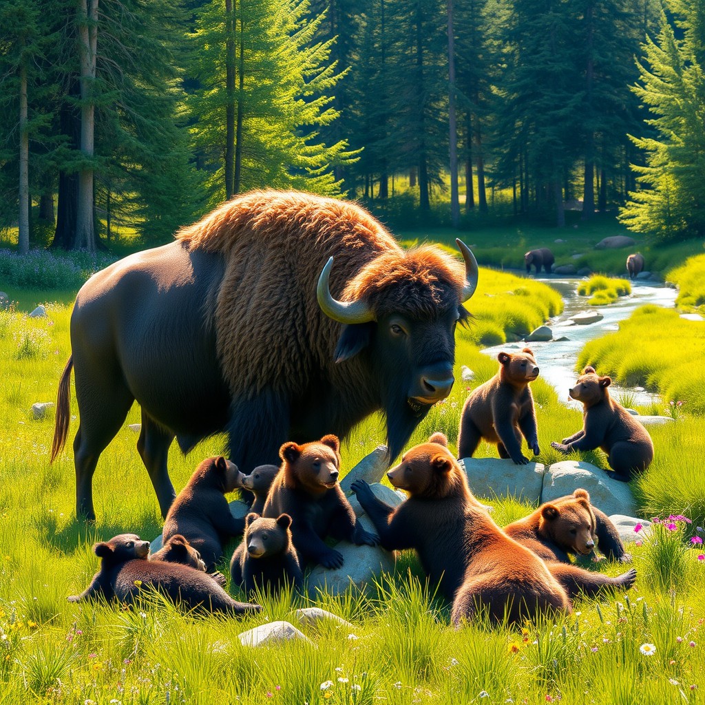 A captivating and vibrant scene featuring a large buffalo peacefully grazing alongside a group of playful bears in a lush, green meadow