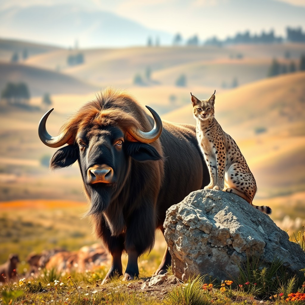 A stunning wildlife scene featuring a majestic buffalo standing proudly in the foreground, while a graceful lynx is perched on a nearby rock, observing its surroundings