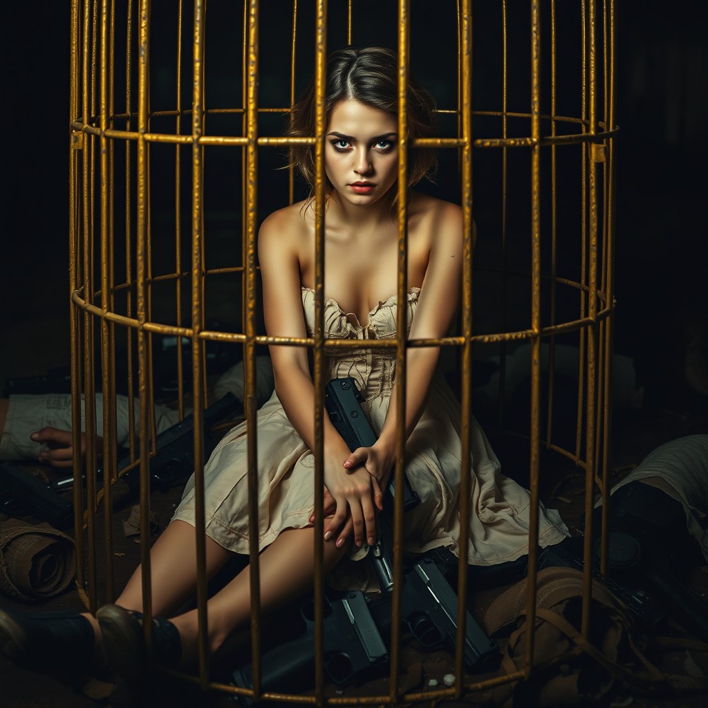 A young woman sitting in a golden cage, surrounded by pistols and the lifeless bodies of people