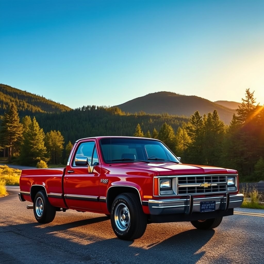A vintage Chevrolet S10 from 1989 parked on a scenic mountain road during golden hour
