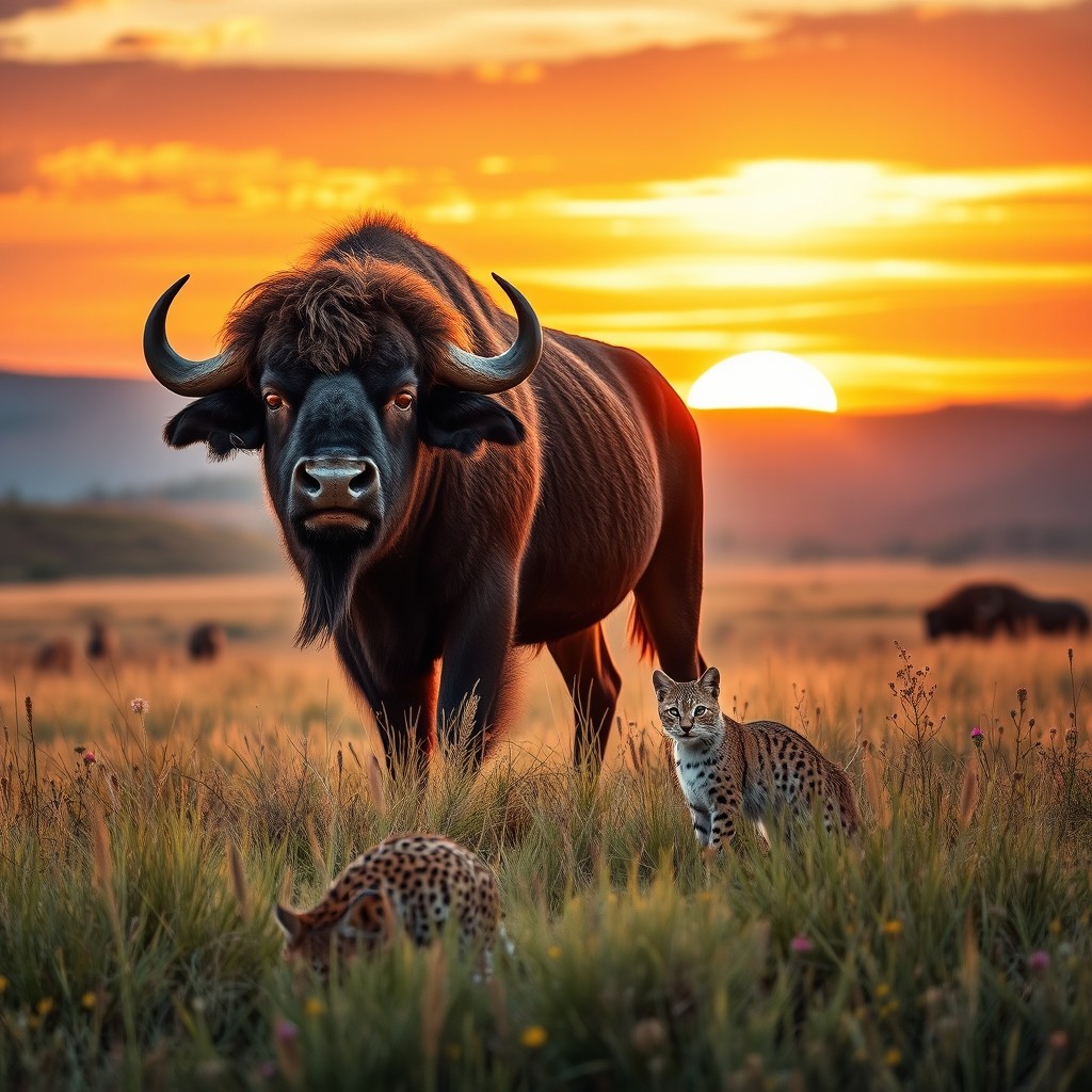 A striking wildlife scene showcasing a strong buffalo standing majestically in a grassy field, with a sleek and agile bobcat crouched nearby, observing its surroundings with keen interest