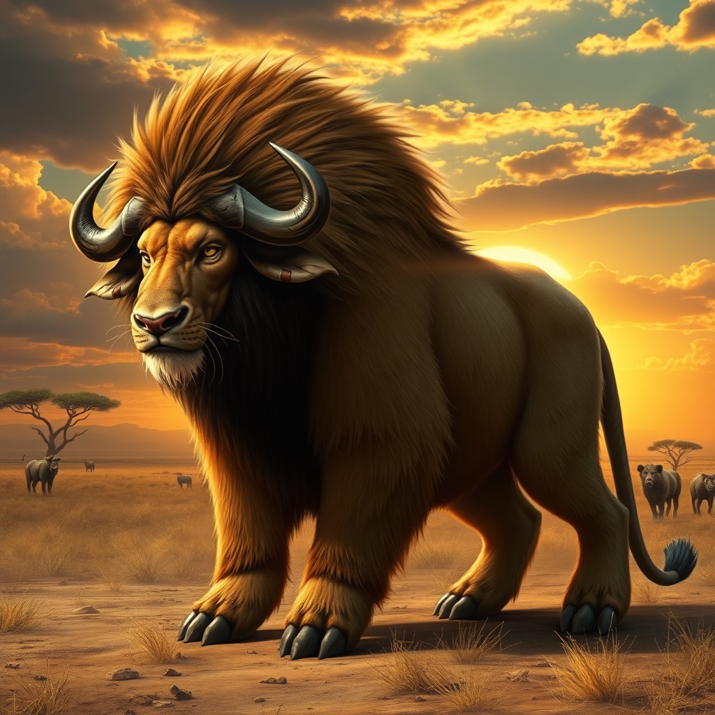 An imaginative creature design showcasing a hybrid between a buffalo and a lion, embodying the strong physique of a buffalo with the majestic features of a lion
