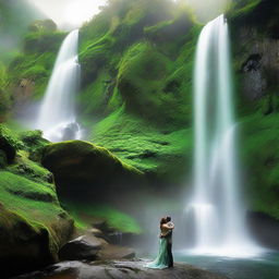 A captivating scene of a lush green mountain with a waterfall cascading down its side, and in the foreground a couple immersed in a passionate kiss.