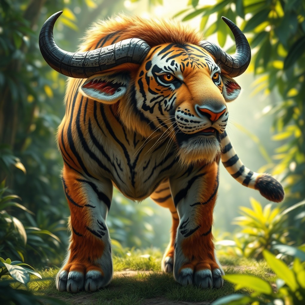 An imaginative depiction of a unique hybrid creature combining the features of a buffalo and a tiger
