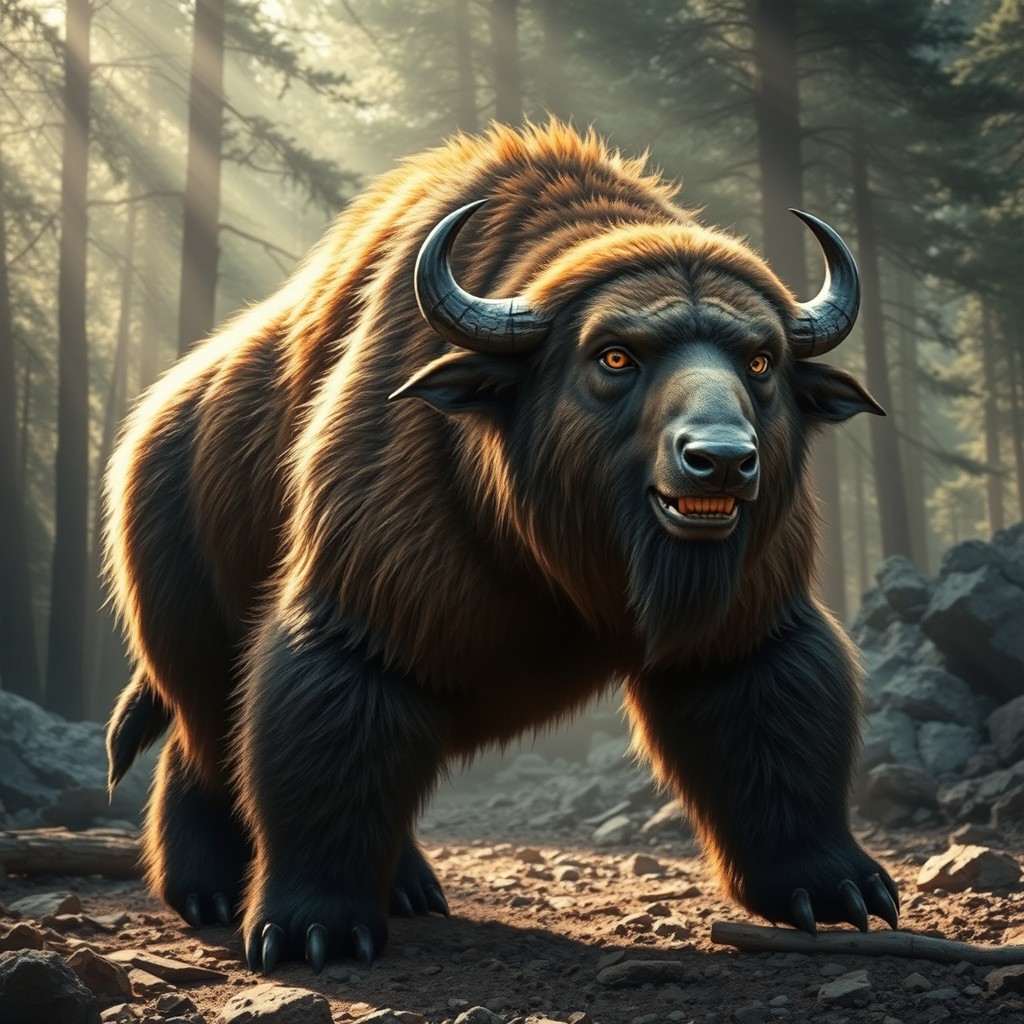 An awe-inspiring representation of a hybrid creature that combines the powerful features of a buffalo with the fierce characteristics of a bear