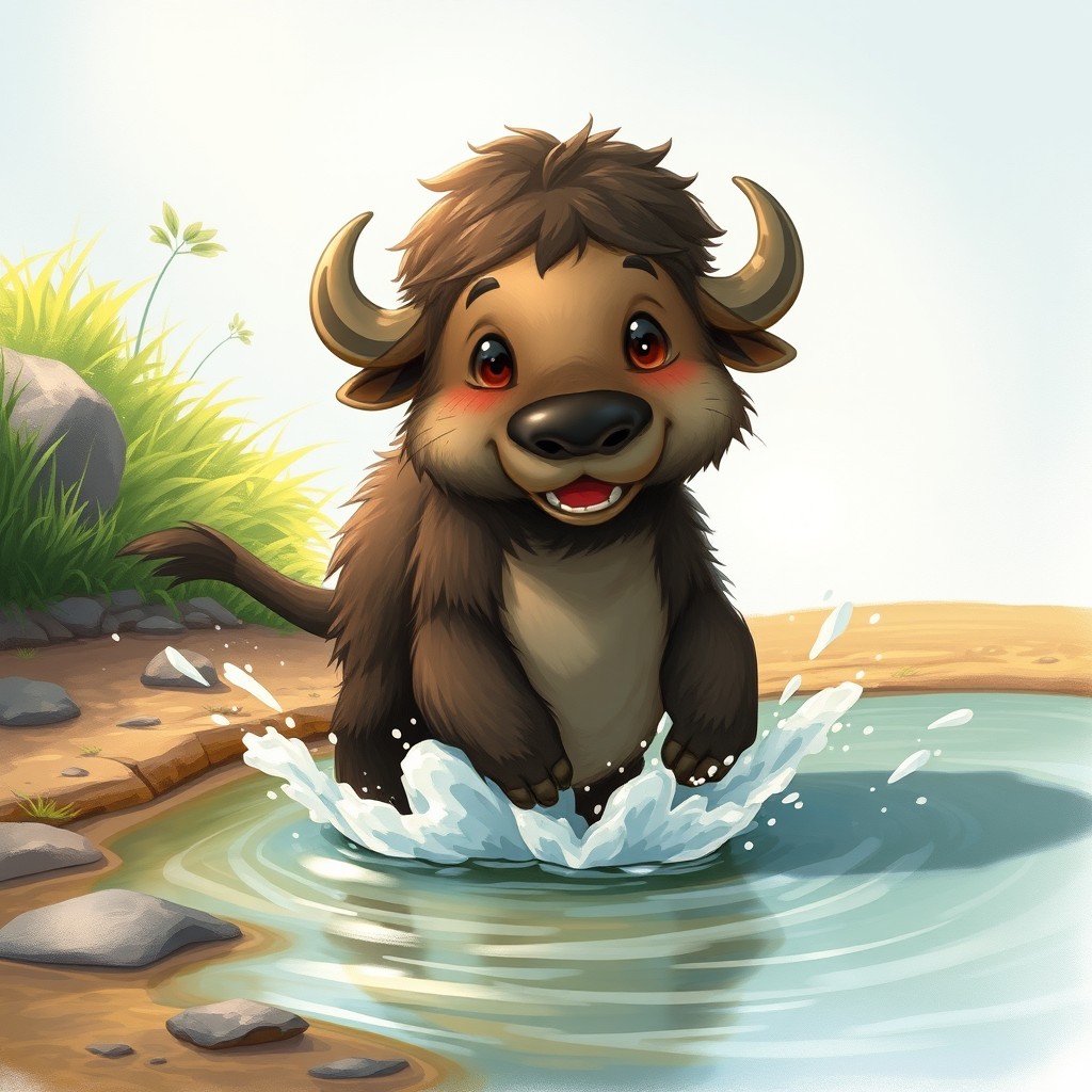 A whimsical and fantastical illustration of a hybrid creature that merges the characteristics of a buffalo and an otter