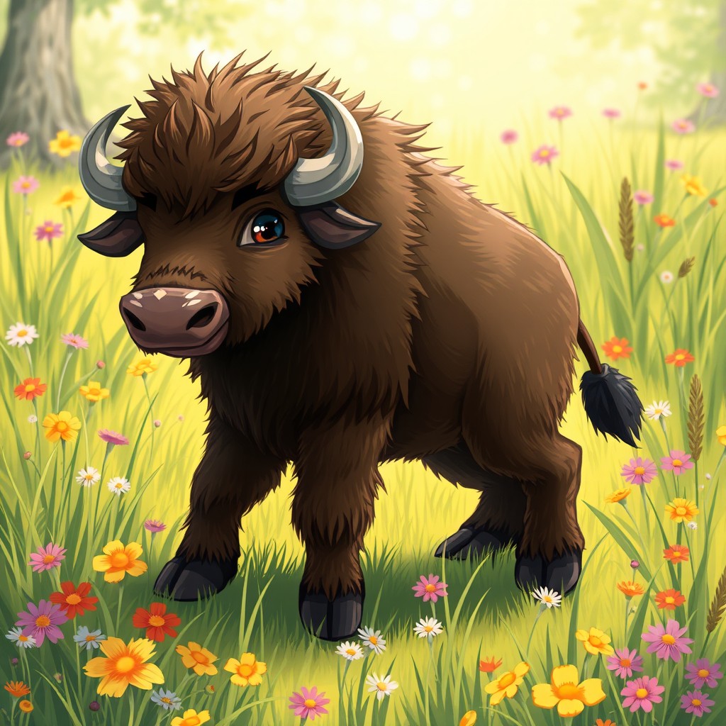 A playful and imaginative illustration of a hybrid creature that combines the sturdy characteristics of a buffalo with the cunning features of a badger