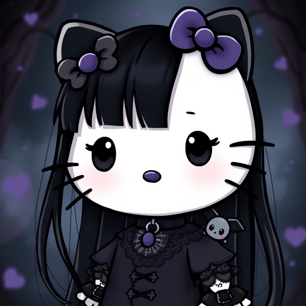 A gothic-style Hello Kitty character featuring long black hair adorned with a fringe, dressed in an elegant yet dark outfit with lace and a touch of punk elements