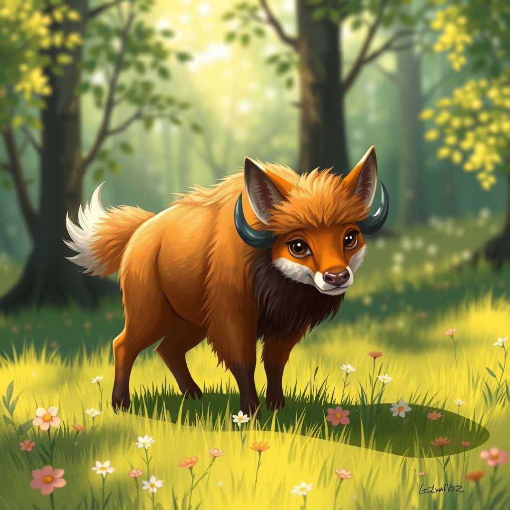 A captivating and imaginative illustration of a hybrid creature that blends the sturdy physique of a buffalo with the sleek, cunning features of a fox