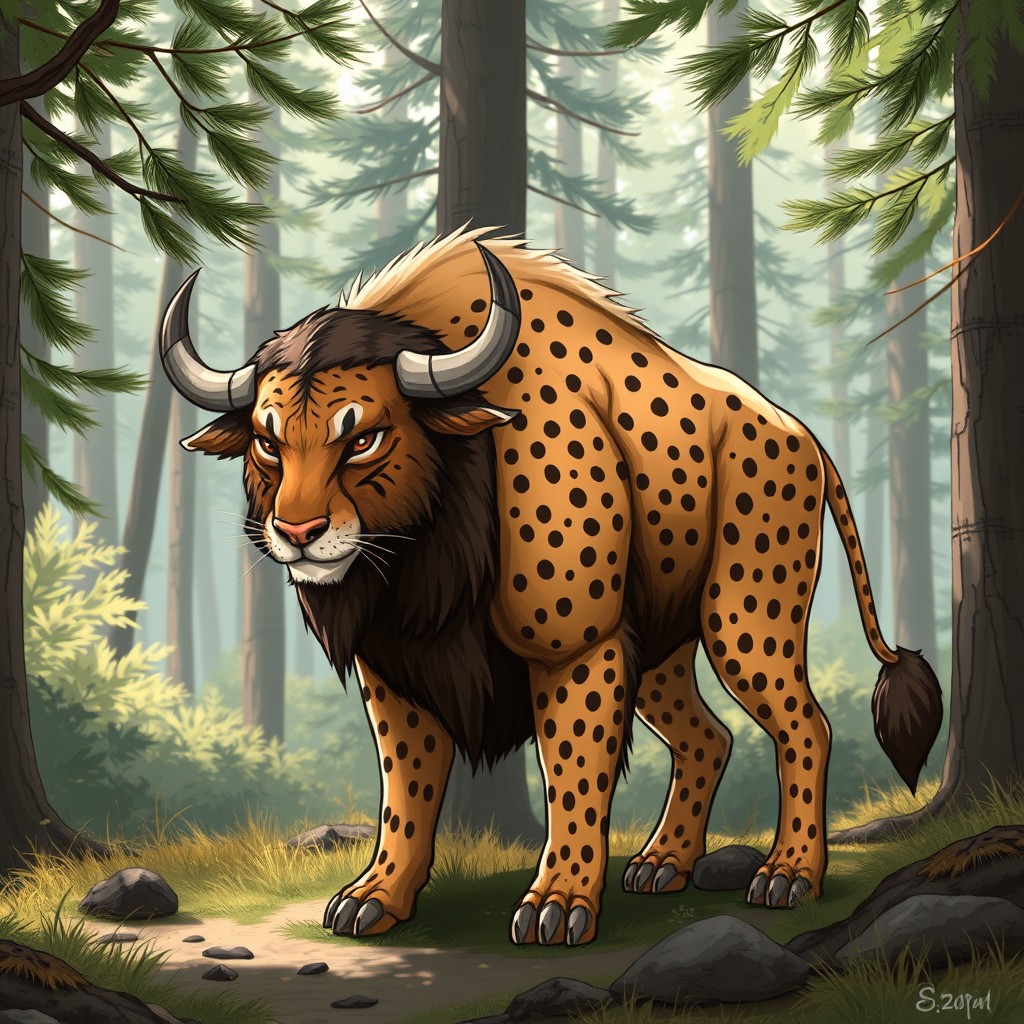 An imaginative and striking illustration of a hybrid creature that combines the powerful physique of a buffalo with the sleek, agile features of a lynx