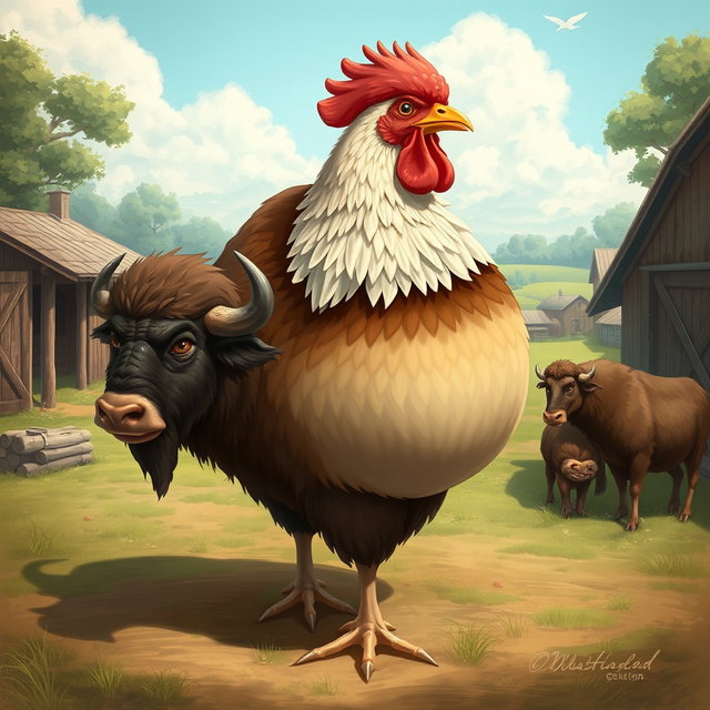 An imaginative and striking illustration of a hybrid creature that combines the powerful physique of a buffalo with the elegant features of a hen