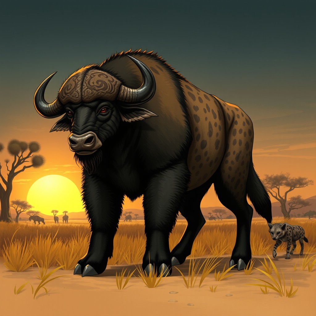 An imaginative and striking illustration of a hybrid creature that combines the massive, muscular build of a buffalo with the fierce, cunning features of a hyena
