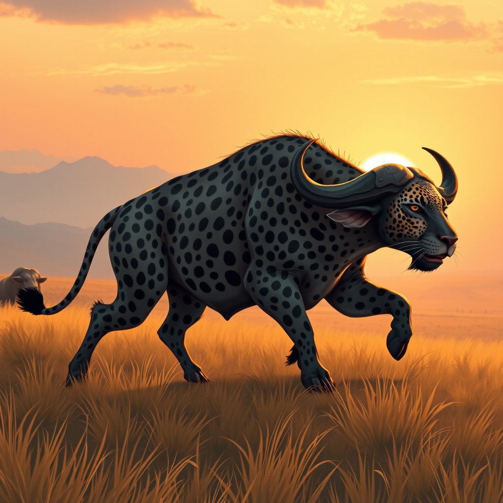 An imaginative and striking illustration of a hybrid creature that combines the massive, powerful body of a buffalo with the sleek, agile features of a leopard