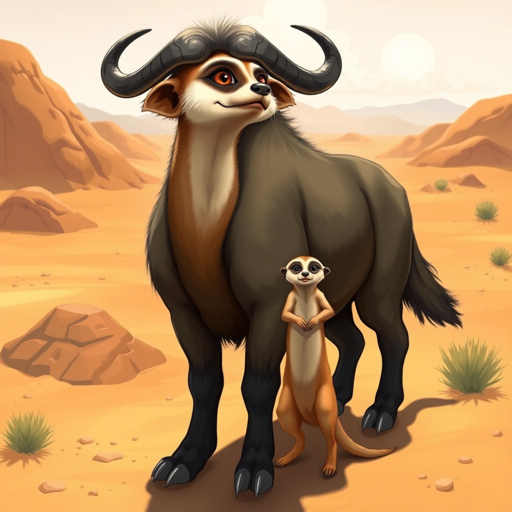 An imaginative and visually striking illustration of a hybrid creature that merges the robust body of a buffalo with the playful and agile features of a meerkat