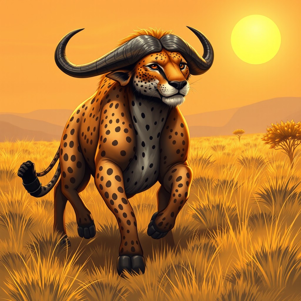 An imaginative and intriguing illustration of a hybrid creature that merges the powerful body of a buffalo with the sleek, fast features of a cheetah