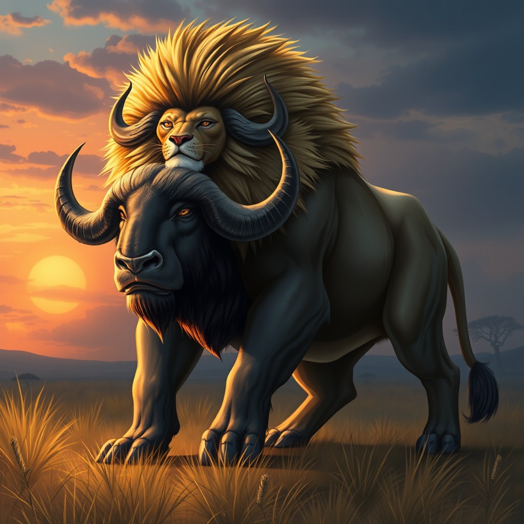 An imaginative and powerful illustration of a chimera that fuses the mighty body of a buffalo with the regal features of a lion