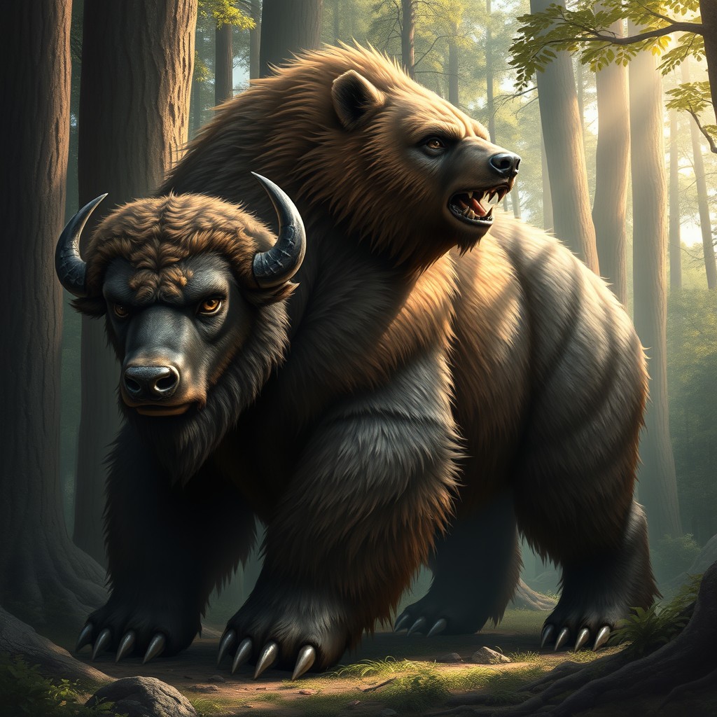 A striking and powerful depiction of a chimera that combines the massive body of a buffalo with the formidable features of a bear