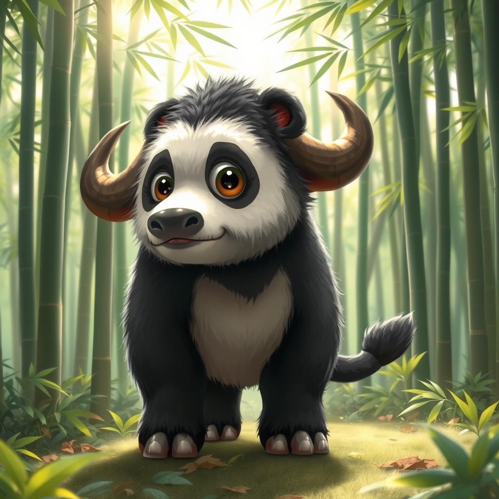 A whimsical and enchanting depiction of a chimera that combines the sturdy body of a buffalo with the adorable features of a panda