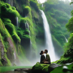 A captivating scene of a lush green mountain with a waterfall cascading down its side, and in the foreground a couple immersed in a passionate kiss.