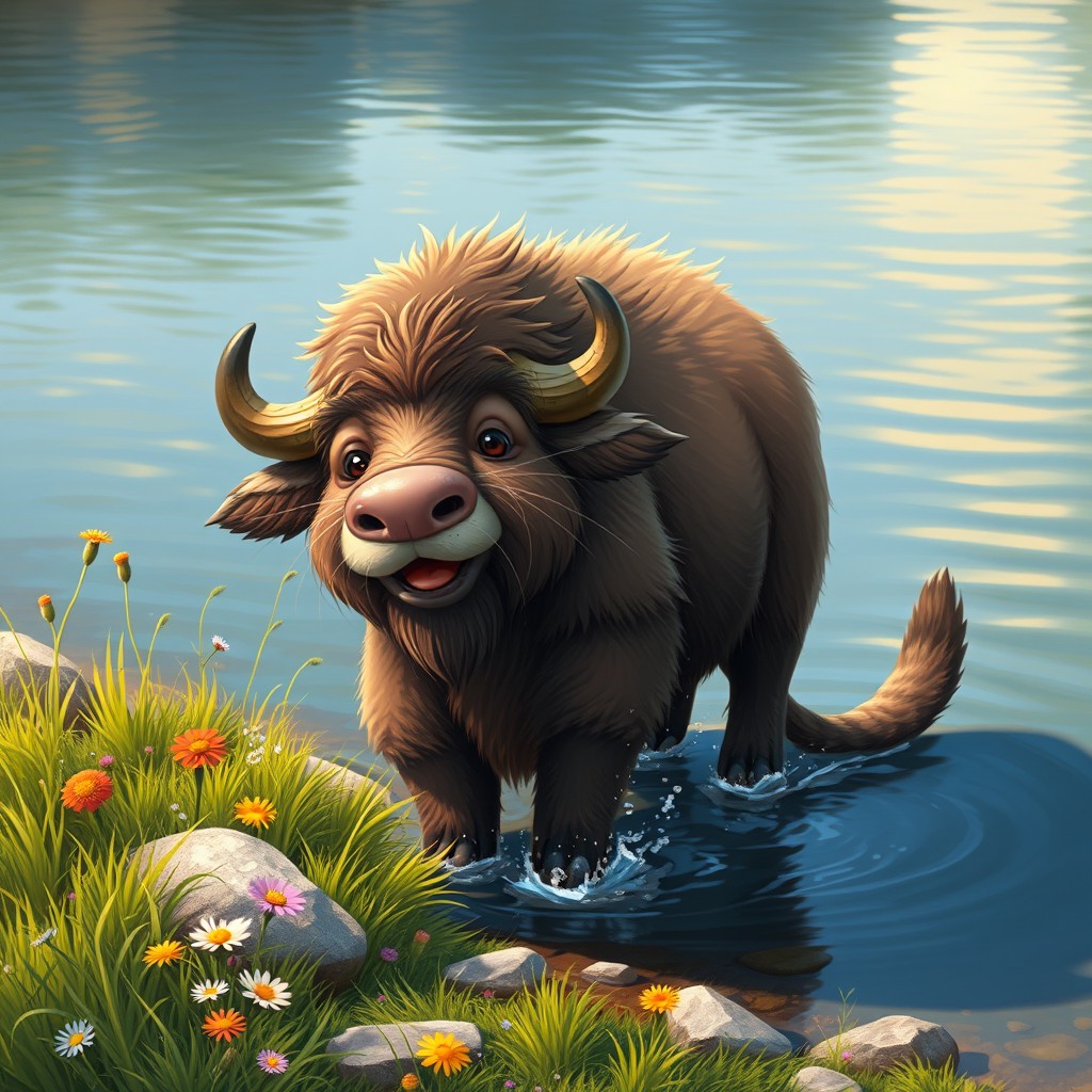 A charming and whimsical depiction of a chimera that blends the sturdy body of a buffalo with the playful features of an otter