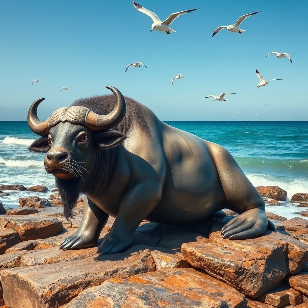 A captivating and imaginative depiction of a chimera that blends the robust body of a buffalo with the sleek, streamlined features of a seal