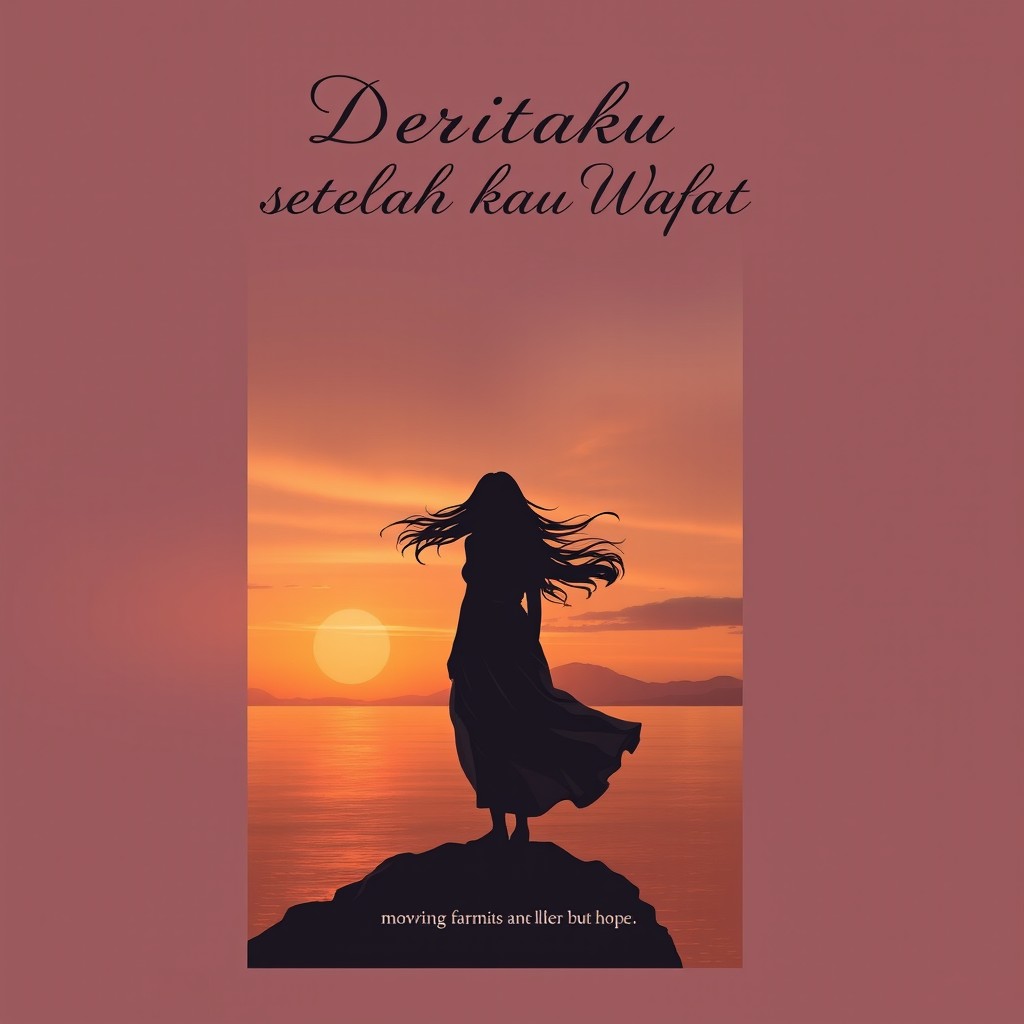 A poignant novel cover design for 'DERITAKU SETELAH KAU WAFAT' featuring a serene yet melancholic landscape at sunset