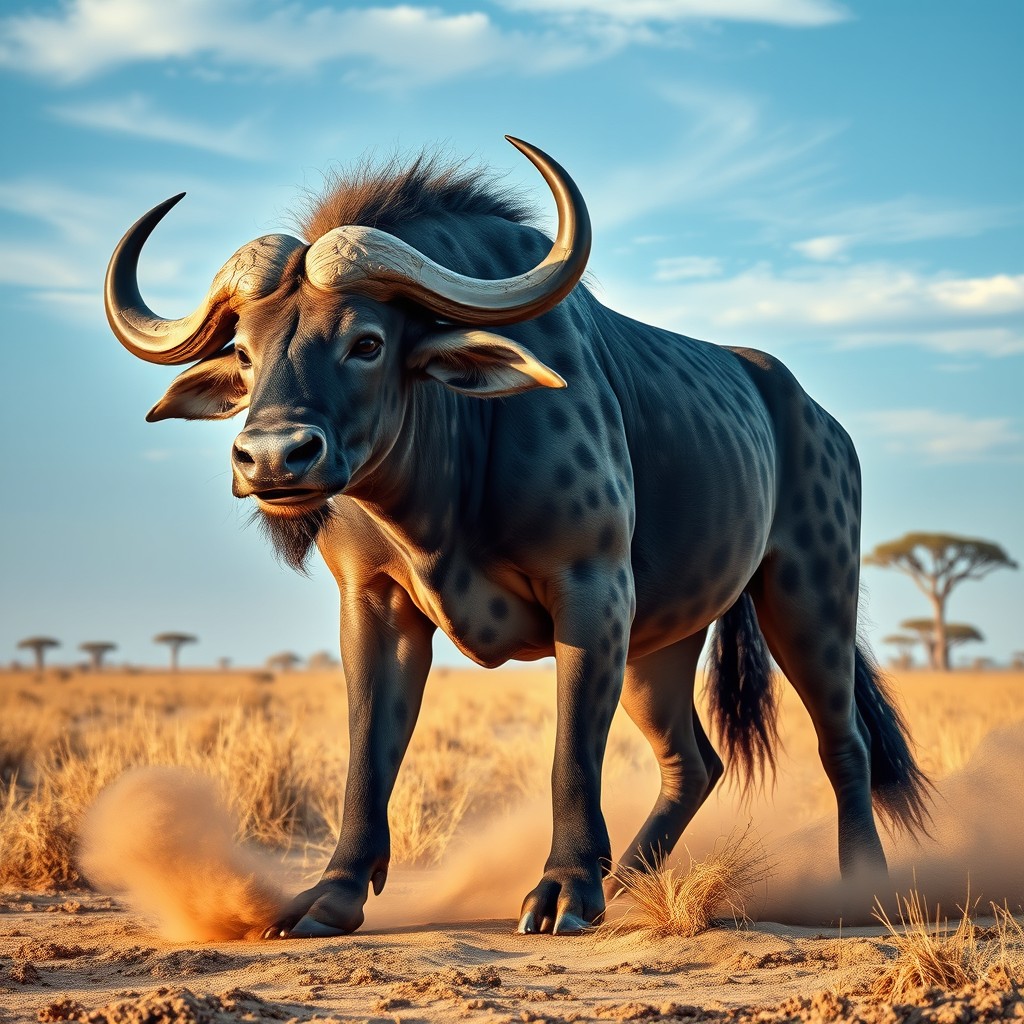 An intriguing and captivating depiction of a chimera that blends the robust body of a buffalo with the cunning features of a hyena