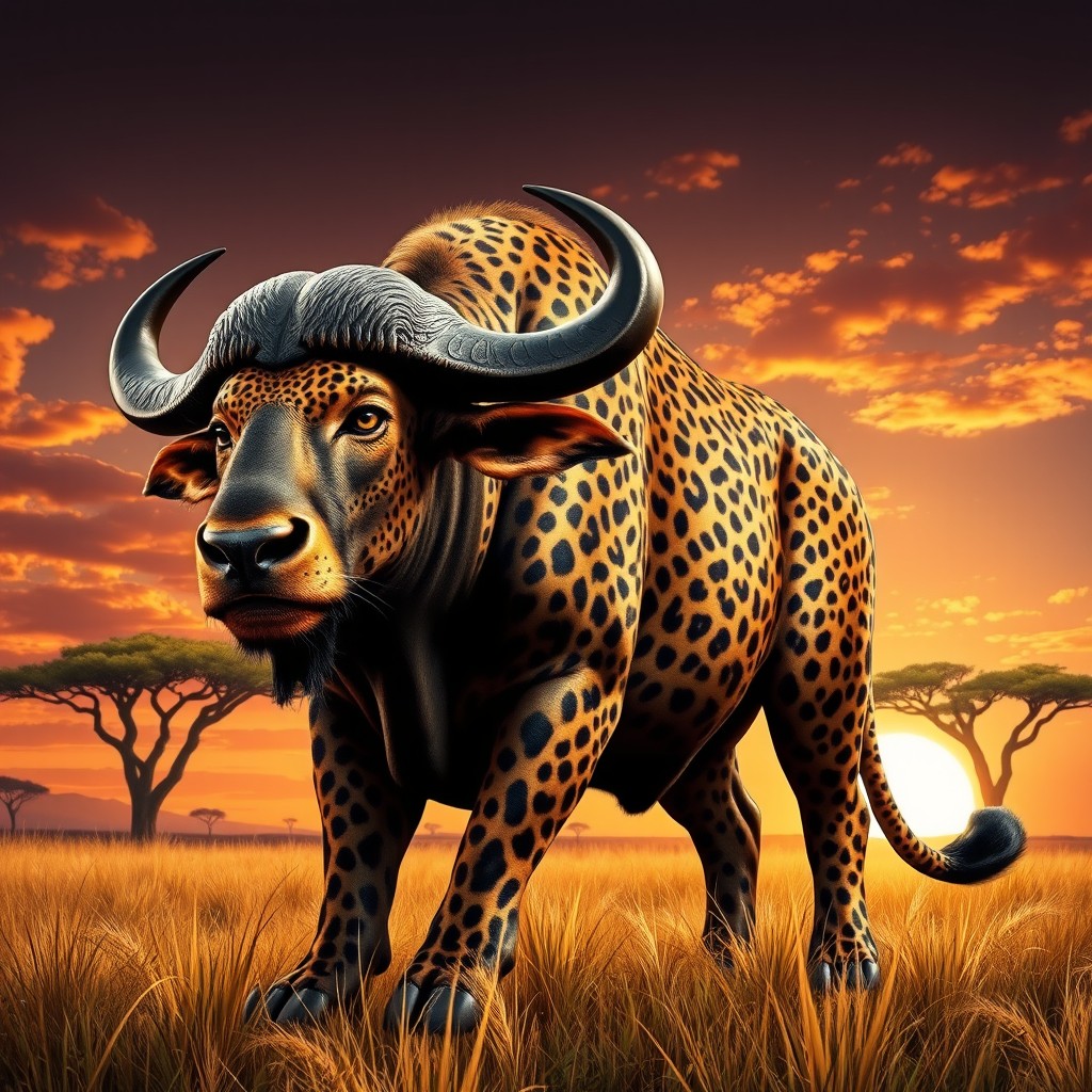 A striking and powerful depiction of a chimera that blends the muscular body of a buffalo with the sleek and spotted characteristics of a leopard