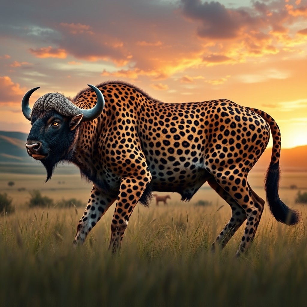 A dynamic and striking depiction of a chimera that blends the powerful body of a buffalo with the elegant and agile features of a cheetah