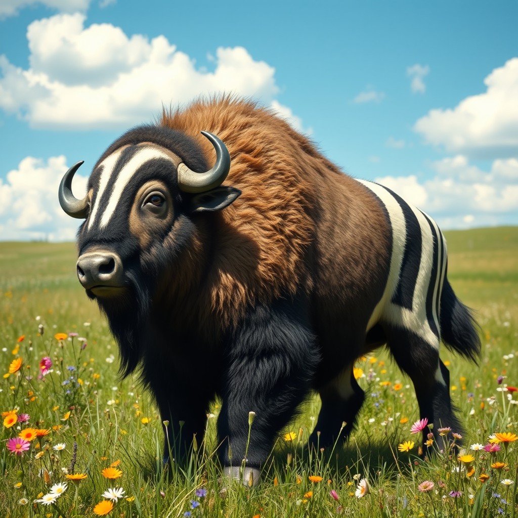An imaginative and striking depiction of a chimera that combines the powerful body of a buffalo with the distinctive features of a badger