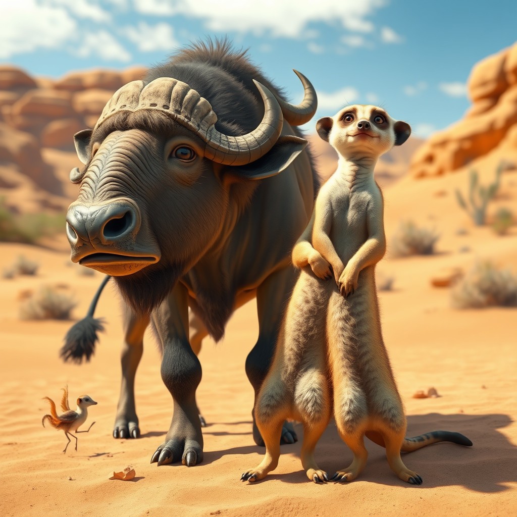 An imaginative and whimsical depiction of a chimera that fuses the powerful body of a buffalo with the curious and playful characteristics of a meerkat