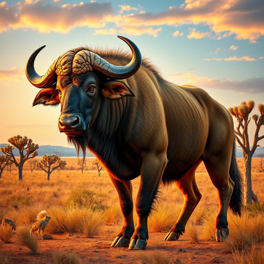 A captivating and imaginative depiction of a chimera that embodies the strong body of a buffalo blended with the cunning features of a jackal
