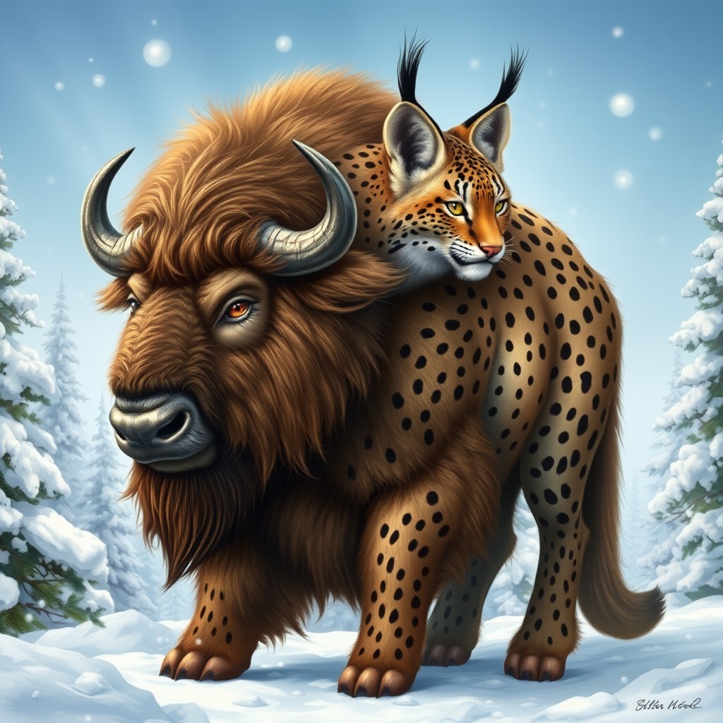 A fantastical and captivating depiction of a chimera that combines the powerful physique of a buffalo with the sleek and agile features of a lynx