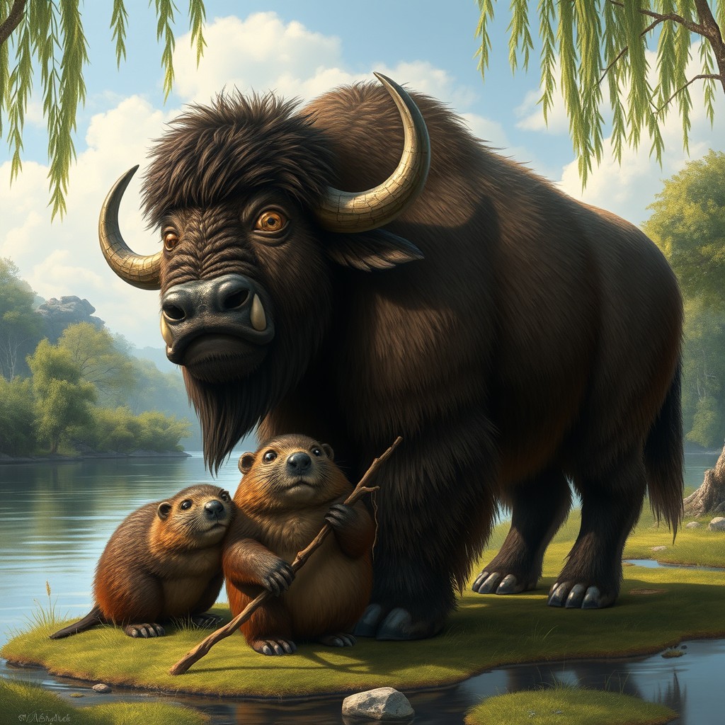 A creative and enchanting depiction of a chimera that combines the massive and sturdy body of a buffalo with the distinctive features of a beaver