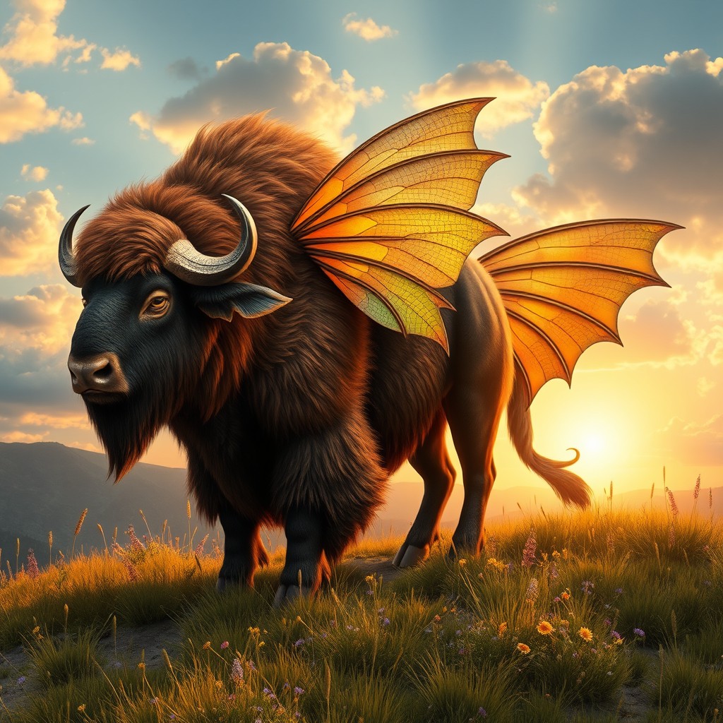 A striking and imaginative depiction of a mystical buffalo chimera that blends the majestic and powerful body of a buffalo with fantastical elements that emphasize its mythical nature