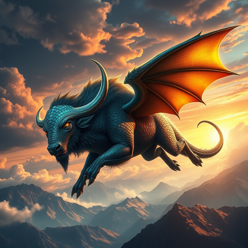 An awe-inspiring depiction of a chimera that seamlessly combines the massive and powerful build of a buffalo with the majestic features of a dragon