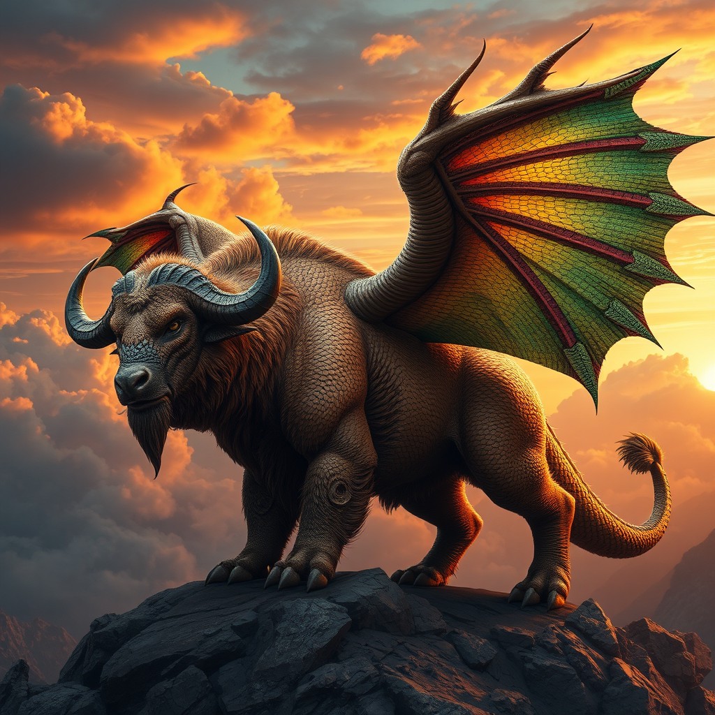 An awe-inspiring and powerful depiction of a mythical creature that combines the formidable physique of a buffalo with the majestic features of a dragon
