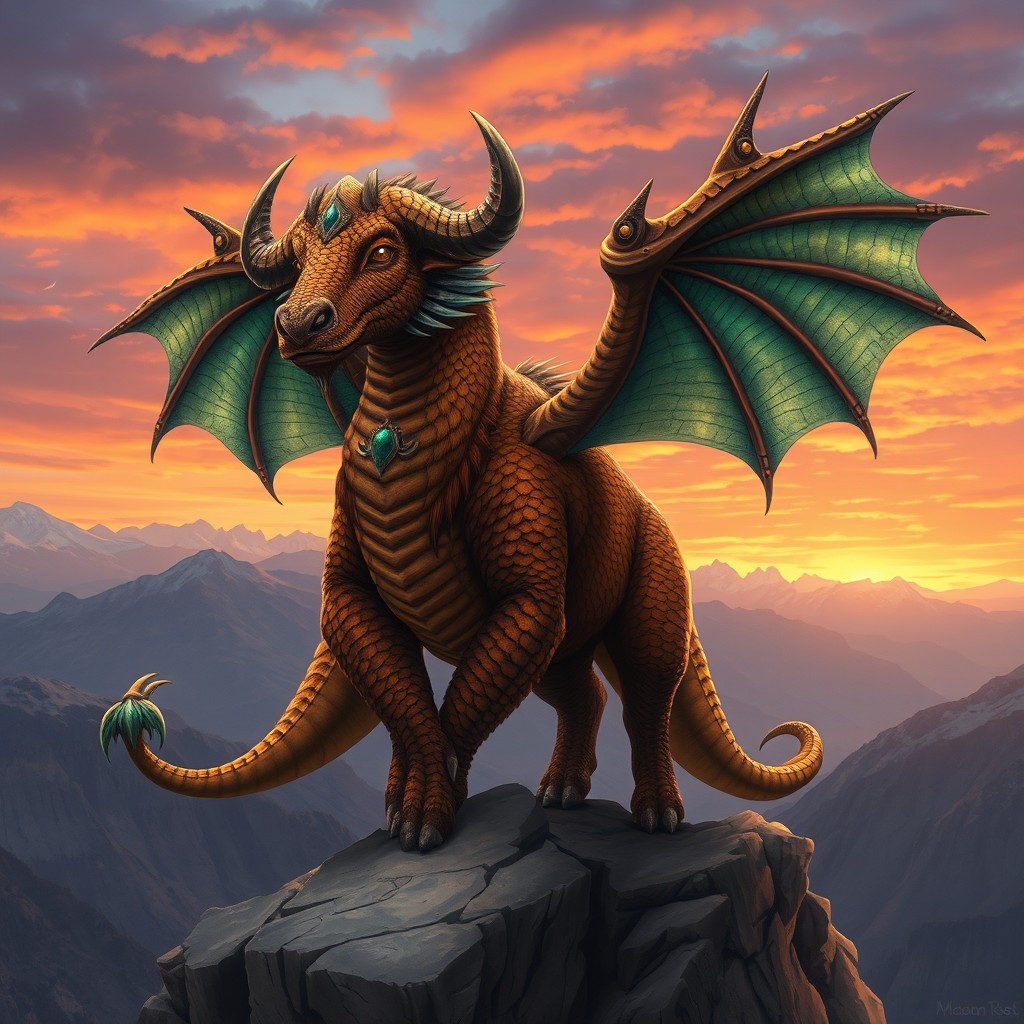 A breathtaking and powerful illustration of a buffalo-dragon hybrid, a creature that embodies the strengths and majesty of both animals