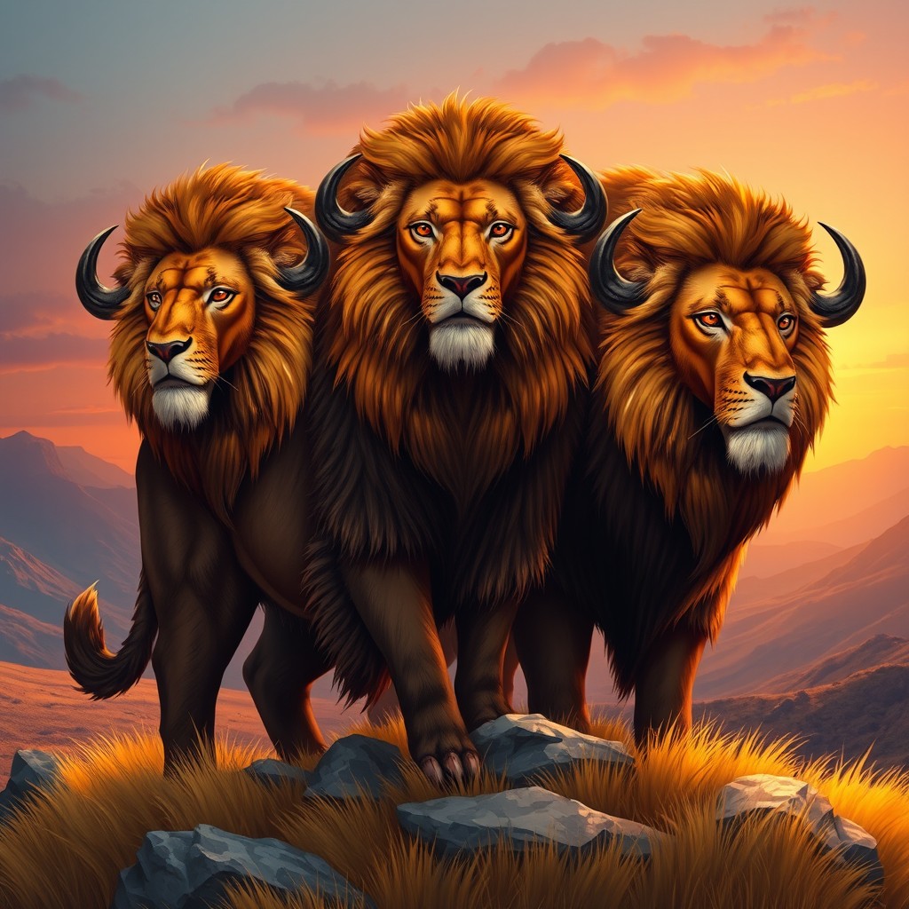 An extraordinary and striking illustration of a mythical creature that features a three-headed buffalo-lion hybrid