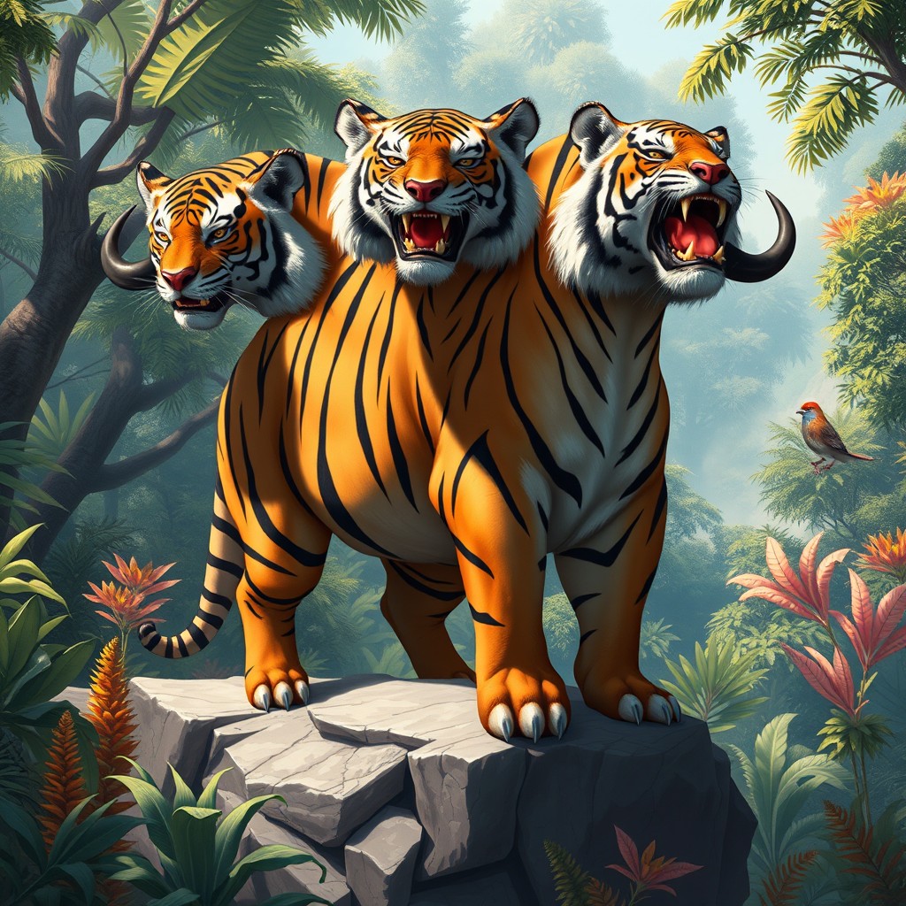 An extraordinary and majestic illustration of a three-headed buffalo-tiger hybrid, a fantastical creature that combines the strength of a buffalo with the agility and ferocity of a tiger
