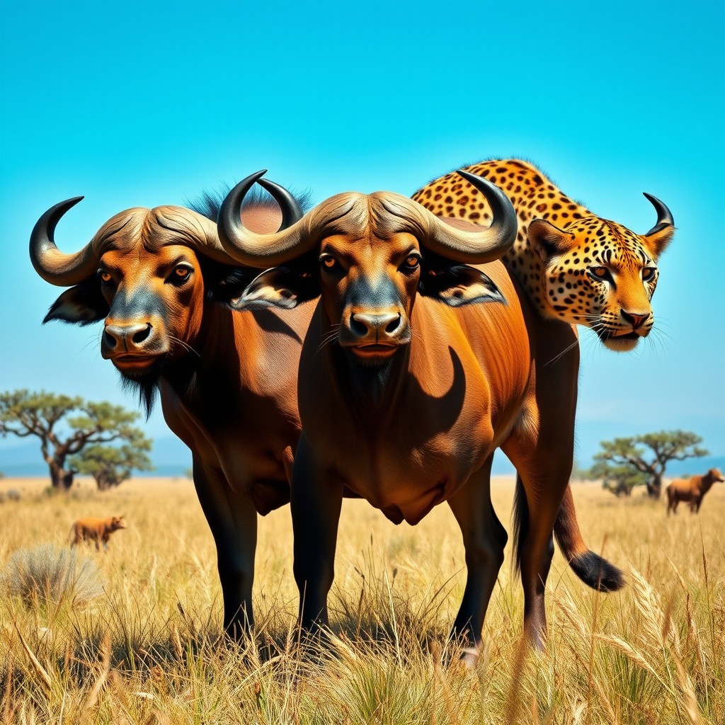 An imaginative and vibrant depiction of a three-headed buffalo-leopard hybrid, a unique creature that showcases the strength of a buffalo and the elegance of a leopard