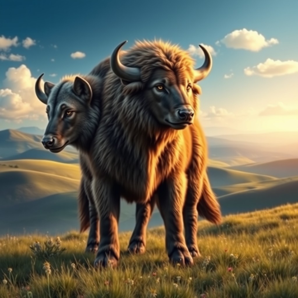 A captivating and imaginative depiction of a three-headed buffalo-wolf hybrid, an extraordinary creature that exhibits the formidable strength of a buffalo combined with the wild elegance of a wolf