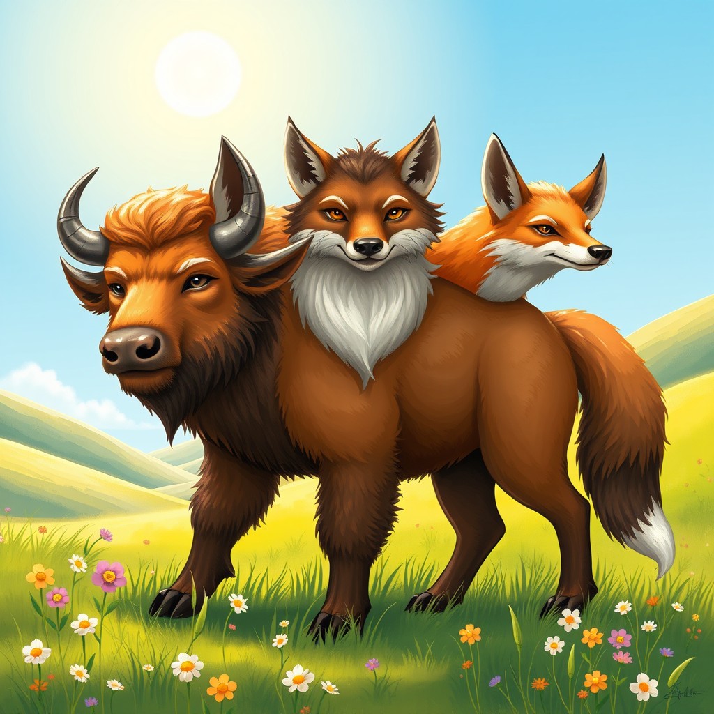 A whimsical and enchanting illustration of a three-headed buffalo-fox hybrid, showcasing the robust strength of a buffalo blended with the cunning and agility of a fox