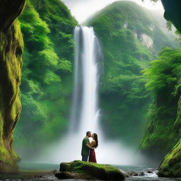 A captivating scene of a lush green mountain with a waterfall cascading down its side, and in the foreground a couple immersed in a passionate kiss.