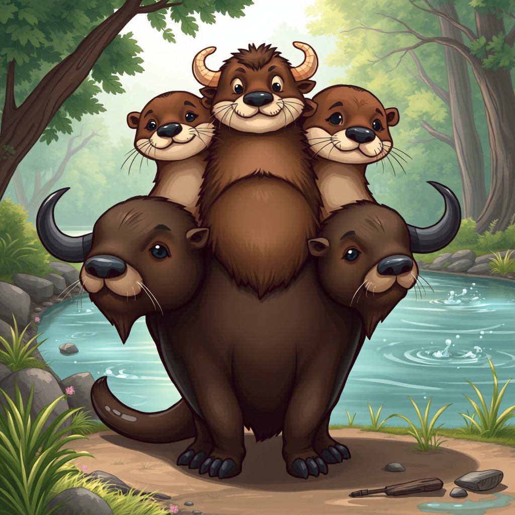 A whimsical and delightful illustration of a three-headed buffalo-otter hybrid, capturing the playful charm of an otter alongside the robust form of a buffalo